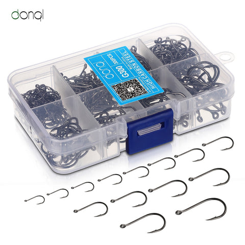 DONQL 300pcs/Box High Carbon Steel Fishing hooks Mixed Size Barbed jig hook Carp Fishing Jig Head for Fly fishing Accessories